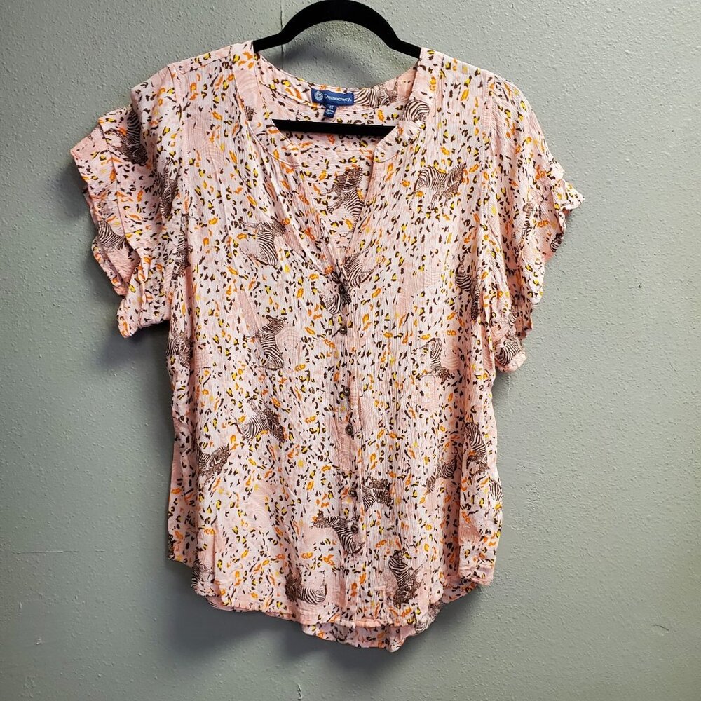 Democracy Blouse Women Plus Size 1X Pink Zebra Print Ruffle Short Sleeve Comfort